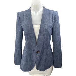 Zara Women's Blue Chambray V-neck One Button Long Sleeve Blazer Coat Jacket Sz 4